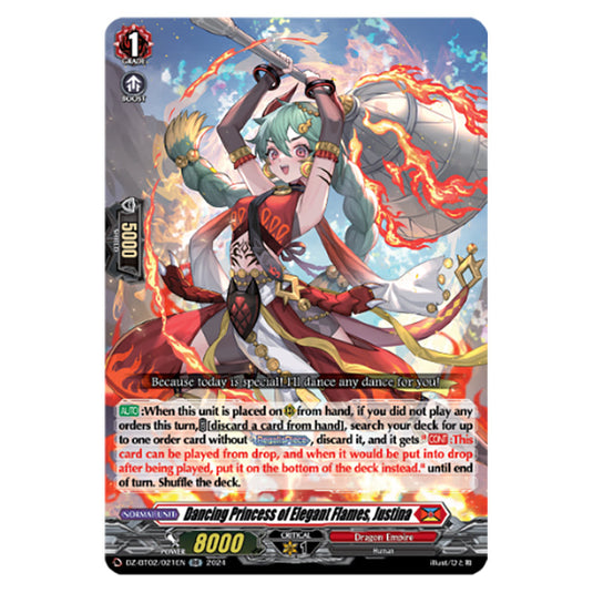 Dancing Princess of Elegant Flames, Justina DZ-BT02/021EN card from the Cardfight!! Vanguard set Illusionless Strife