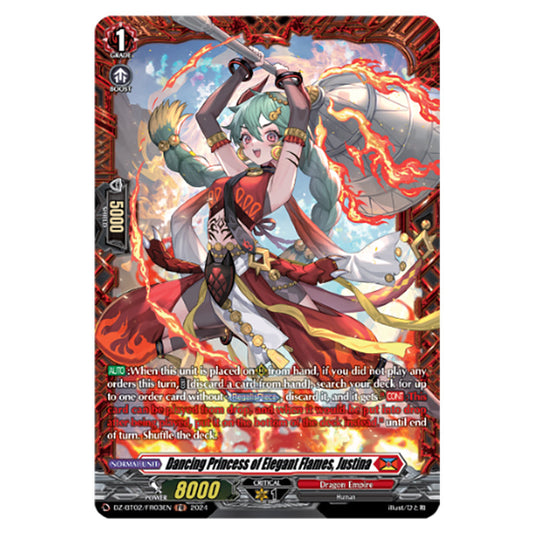 Dancing Princess of Elegant Flames, Justina DZ-BT02/FR03EN card from the Cardfight!! Vanguard set Illusionless Strife