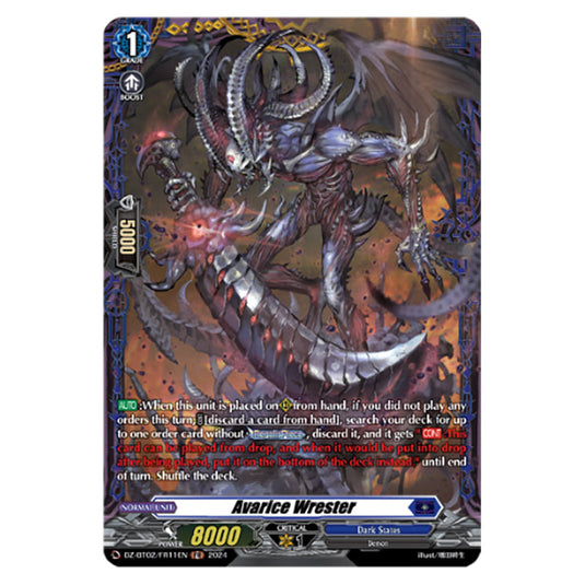 Avarice Wrester DZ-BT02/FR11EN card from the Cardfight!! Vanguard set Illusionless Strife