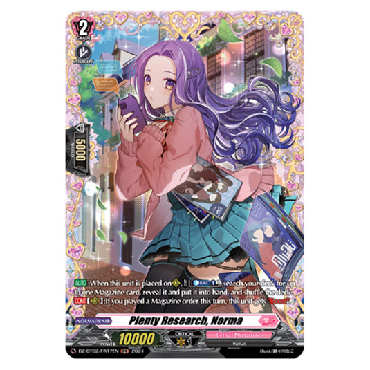 Plenty Research, Norma DZ-BT02/FR47EN card from the Cardfight!! Vanguard set Illusionless Strife