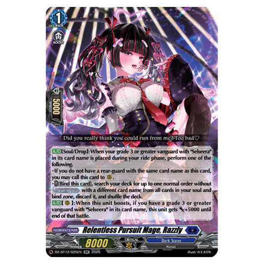 Relentless Pursuit Mage, Razzly DZ-BT12/025EN card from the Cardfight!! Vanguard set Chasm of Lost Souls