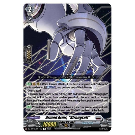 Armed Arms, "StrongLeft" DZ-BT12/051EN card from the Cardfight!! Vanguard set Chasm of Lost Souls