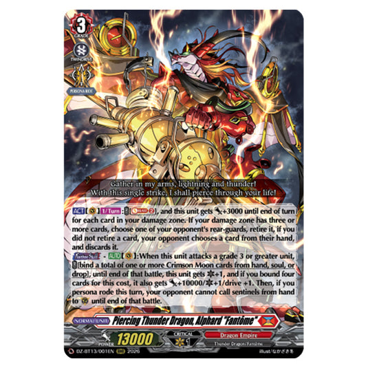 Piercing Thunder Dragon, Alphard "Fantôme" DZ-BT13/001EN card from the Cardfight!! Vanguard set Parallactic Clash