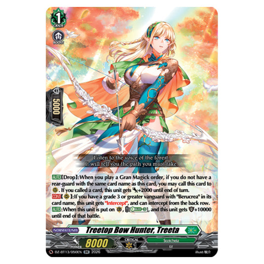 Treetop Bow Hunter, Treeta DZ-BT13/050EN card from the Cardfight!! Vanguard set Parallactic Clash