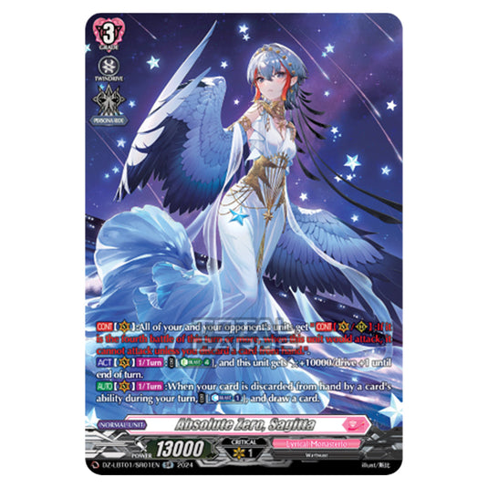 Absolute Zero, Sagitta DZ-LBT01/SR01EN card from the Cardfight!! Vanguard set Lyrical Monasterio Sparkling Stars!