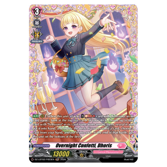Overnight Confetti, Dhoris DZ-LBT02/FR23EN card from the Cardfight!! Vanguard set Lyrical Monasterio Season of Wonders