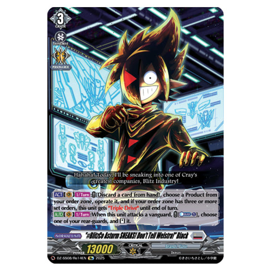 "#BlitzCo Asturm SNEAKS! Don't Tell Welstra!" Black DZ-SS08/Re14EN card from the Cardfight!! Vanguard set Festival Booster 2025