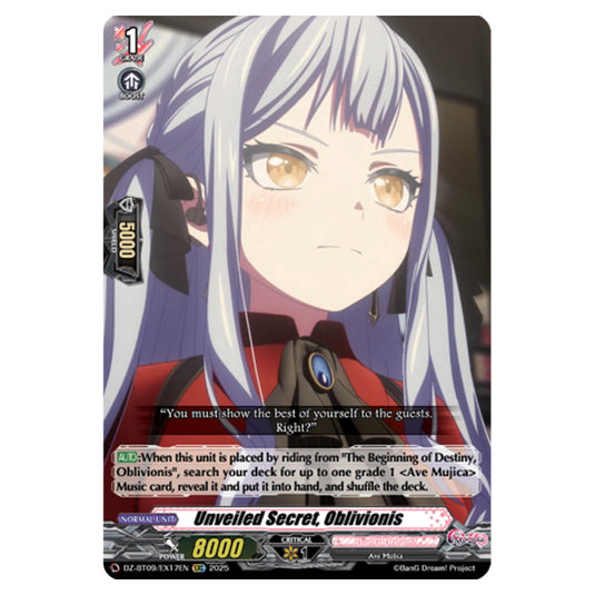 Unveiled Secret, Oblivionis DZ-BT09/EX17EN card from the Cardfight!! Vanguard set Super Brave Detonation