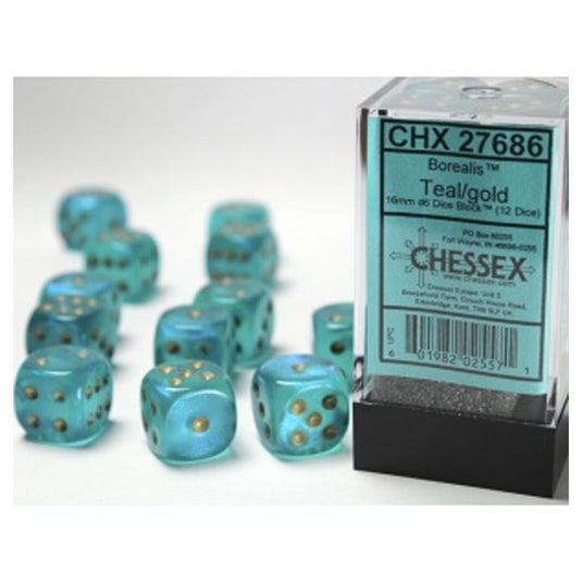 Chessex - Signature - 16mm D6 W/ Pips Blocks (12 Dice) - Borealis Teal w/Gold