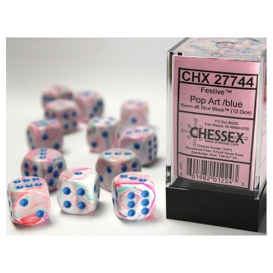 Chessex - Signature - 16mm D6 W/ Pips Blocks (12 Dice) - Festive Polyhedral Pop Art /Blue