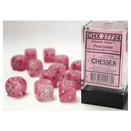 Chessex - Signature - 16mm D6 W/ Pips Blocks (12 Dice) - Ghostly Glow Pink/Silver