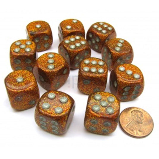 Chessex - Signature - 16mm D6 W/ Pips Blocks (12 Dice) - Glitter Polyhedral Gold/Silver