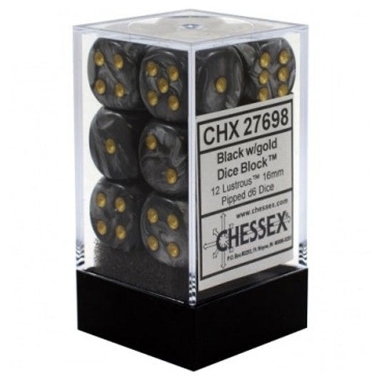 Chessex - Signature - 16mm D6 W/ Pips Blocks (12 Dice) - Lustrous Black w/Gold