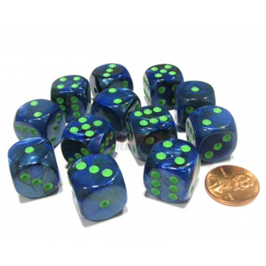 Chessex - Signature - 16mm D6 W/ Pips Blocks (12 Dice) - Lustrous Dark Blue w/Green