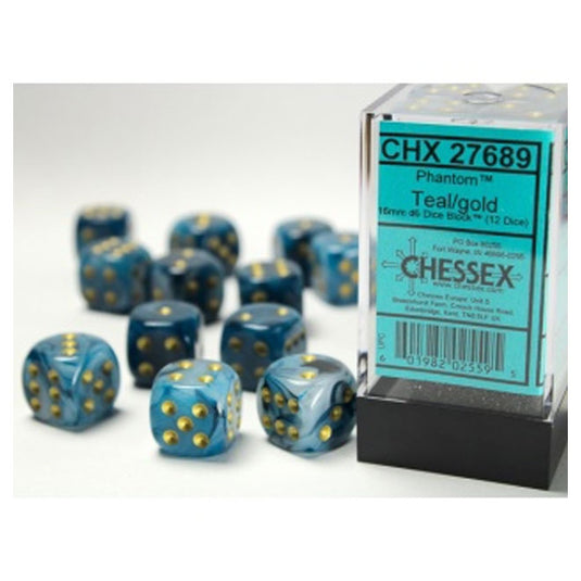 Chessex - Signature - 16mm D6 W/ Pips Blocks (12 Dice) - Phantom Teal w/Gold