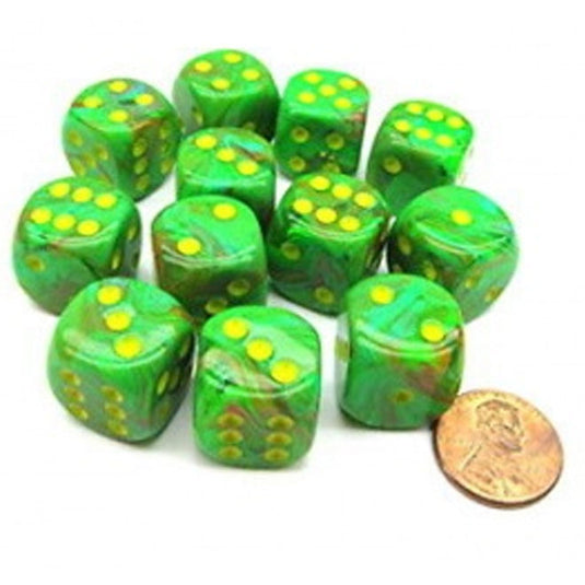 Chessex - Signature - 16mm D6 W/ Pips Blocks (12 Dice) - Vortex Slime/Yellow