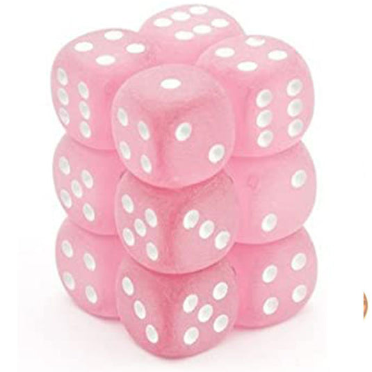 Chessex - Signature - 16mm D6 W/ Pips Blocks (12 Dice) - Frosted Polyheral Pink w/White