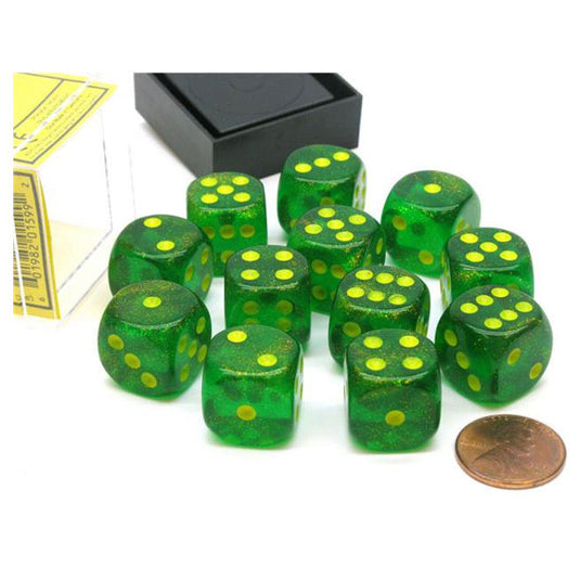 Chessex - Signature - 16mm D6 W/ Pips Blocks (12 Dice) - Borealis Maple Green/Yellow