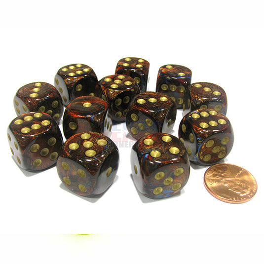 Chessex - Signature - 16mm D6 W/ Pips Blocks (12 Dice) - Scarab Blue Blood w/Gold