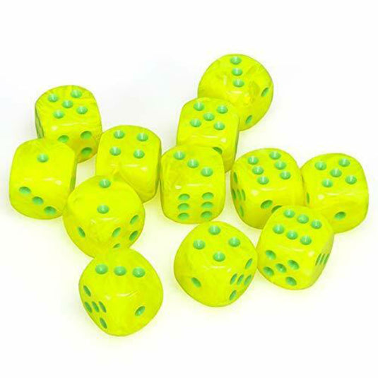 Chessex - Signature - 16mm D6 W/ Pips Blocks (12 Dice) - Vortex Electric Yellow w/Green