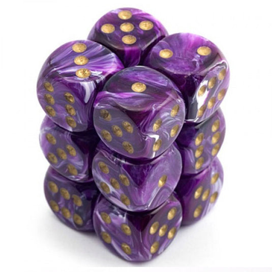 Chessex - Signature - 16mm D6 W/ Pips Blocks (12 Dice) - Vortex Purple w/gold