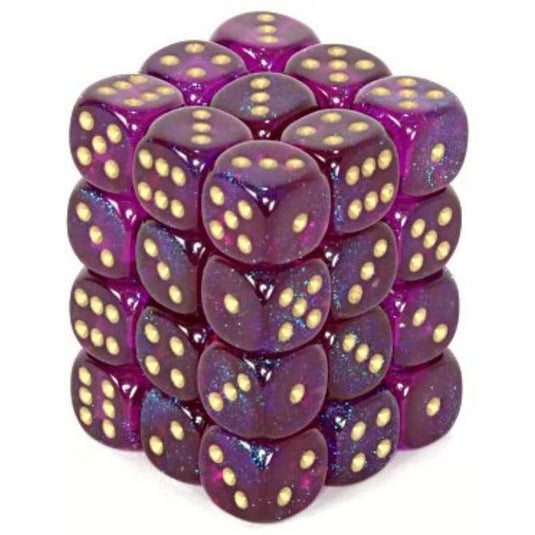 Chessex Borealis 12mm d6 Royal Purple/gold Luminary Dice Block (36 dice)