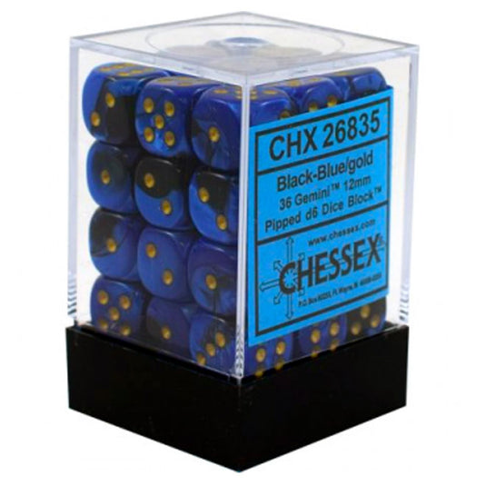 Chessex Gemini 12mm d6 Dice Blocks with pips Dice Blocks (36 Dice) - Black-Blue w/Gold