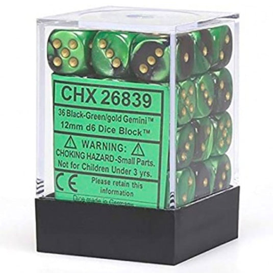 Chessex Gemini 12mm d6 Dice Blocks with pips Dice Blocks (36 Dice) - Black-Green w/Gold