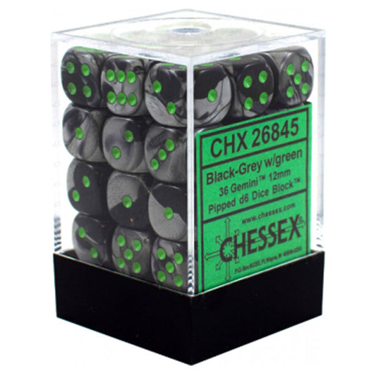 Chessex Gemini 12mm d6 Dice Blocks with pips Dice Blocks (36 Dice) - Black-Grey w/Green