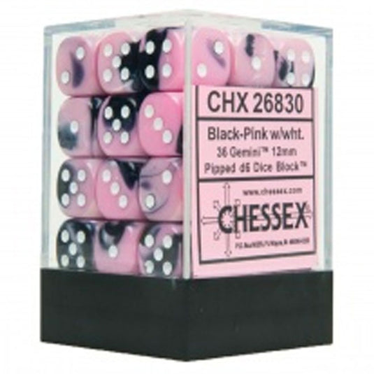 Chessex Gemini 12mm d6 Dice Blocks with pips Dice Blocks (36 Dice) - Black-Pink w/White