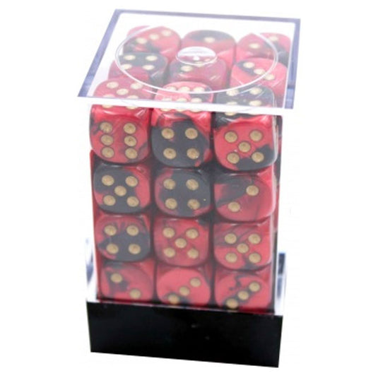 Chessex Gemini 12mm d6 Dice Blocks with pips Dice Blocks (36 Dice) - Black-Red w/Gold