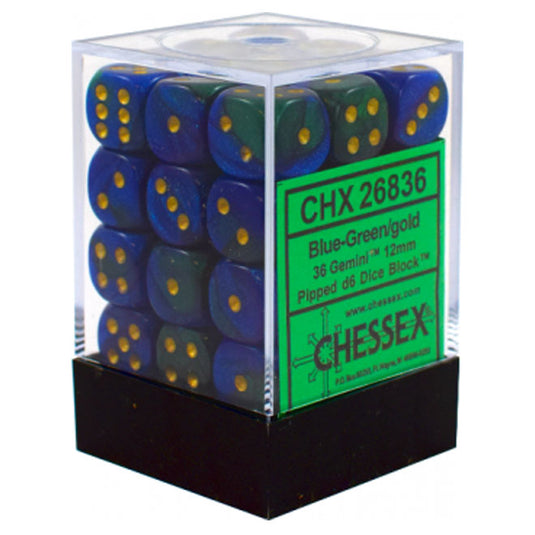 Chessex Gemini 12mm d6 Dice Blocks with pips Dice Blocks (36 Dice) - Blue-Green w/Gold