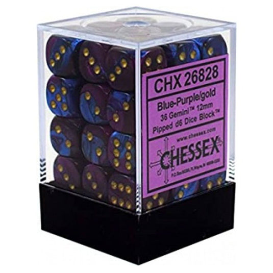 Chessex Gemini 12mm d6 Dice Blocks with pips Dice Blocks (36 Dice) - Blue-Purple w/Gold