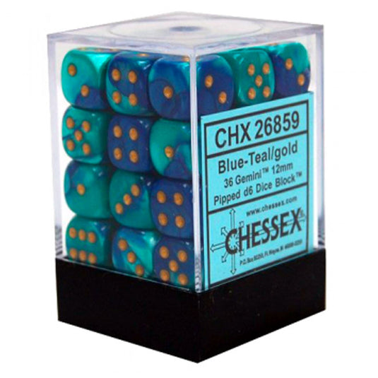 Chessex Gemini 12mm d6 Dice Blocks with pips Dice Blocks (36 Dice) - Blue-Teal w/Gold