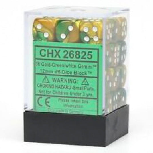 Chessex Gemini 12mm d6 Dice Blocks with pips Dice Blocks (36 Dice) - Gold-Green w/White