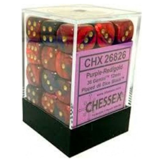 Chessex Gemini 12mm d6 Dice Blocks with pips Dice Blocks (36 Dice) - Purple-Red w/Gold