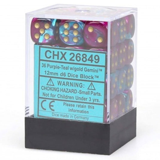 Chessex Gemini 12mm d6 Dice Blocks with pips Dice Blocks (36 Dice) - Purple-Teal w/Gold