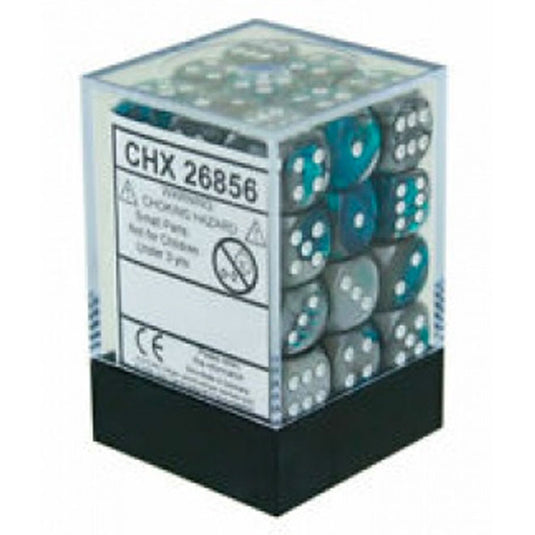 Chessex Gemini 12mm d6 Dice Blocks with pips Dice Blocks (36 Dice) - Steel-Teal w/White