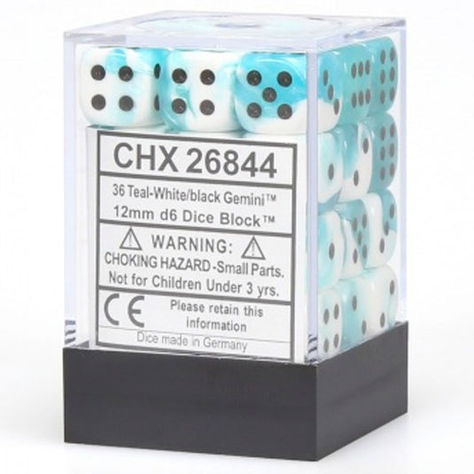 Chessex Gemini 12mm d6 Dice Blocks with pips Dice Blocks (36 Dice) - White-Teal w/Black