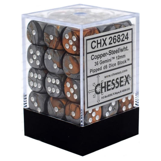 Chessex Gemini 12mm d6 Dice Blocks with pips Dice Blocks (36 Dice) - Copper-Steel With White