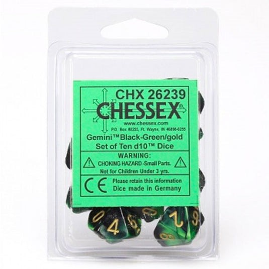 Chessex Gemini Polyhedral Ten D10 Sets - Black-Green w/Gold