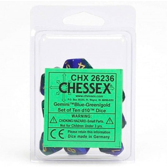 Chessex Gemini Polyhedral Ten D10 Sets - Blue-Green w/Gold