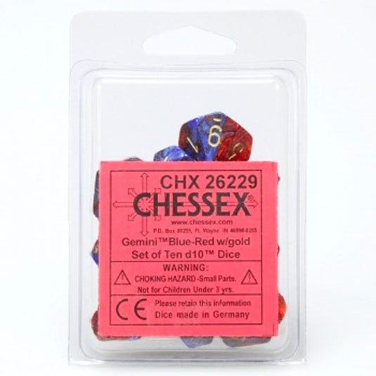 Chessex Gemini Polyhedral Ten D10 Sets - Blue-Red w/Gold