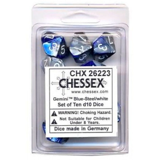 Chessex Gemini Polyhedral Ten D10 Sets - Blue-Steel w/White