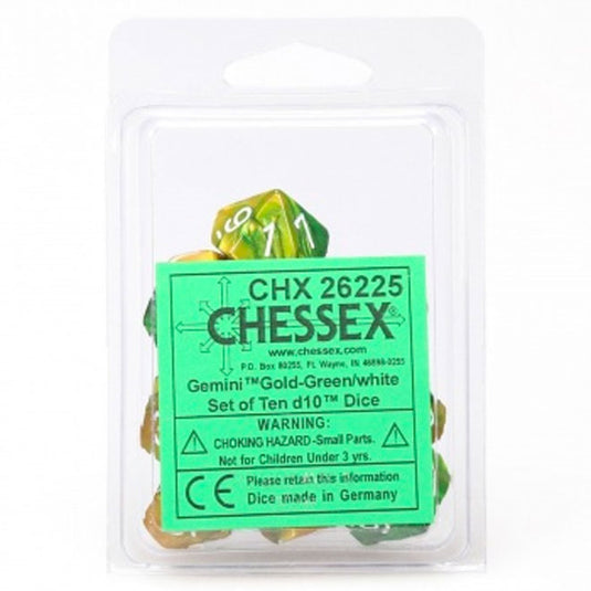 Chessex Gemini Polyhedral Ten D10 Sets - Gold-Green w/White