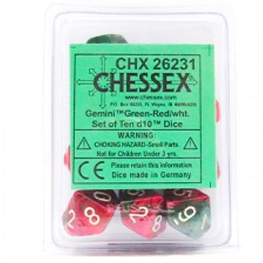 Chessex Gemini Polyhedral Ten D10 Sets - Green-Red w/White