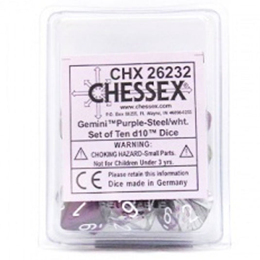 Chessex Gemini Polyhedral Ten d10 Sets - Purple-Steel w/White