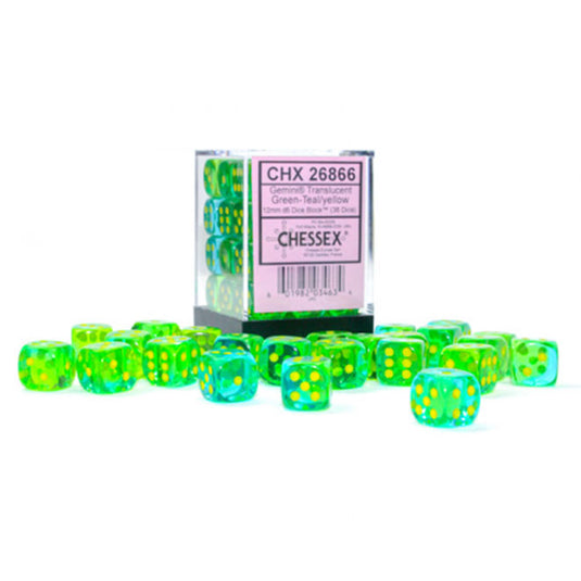 Chessex - Gemini - 12mm d6 - Translucent Green-Teal/yellow - Luminary Dice Block (36 Dice)