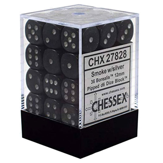 Chessex - Signature Borealis 12mm D6 w/pips 36-Dice Blocks - Light Smoke/silver Luminary