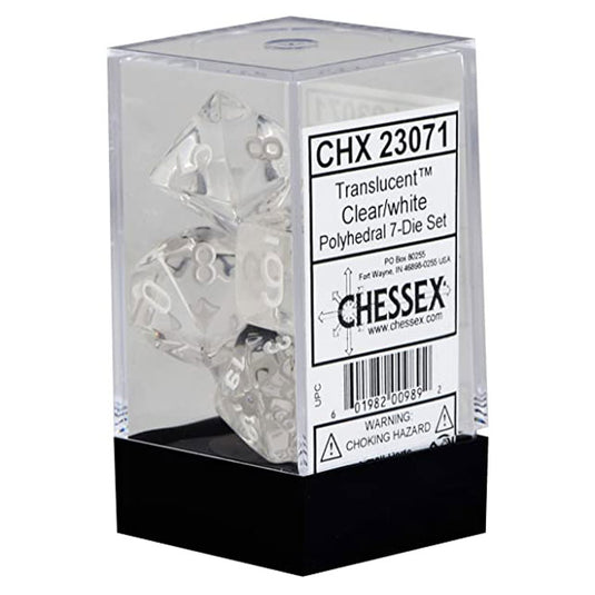 Chessex - Translucent - 16mm Polyhedral 7-Dice Set - Clear w/White